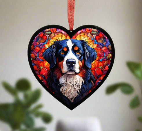Bernese Mountain Dog Stained Glass Effect Heart Suncatcher